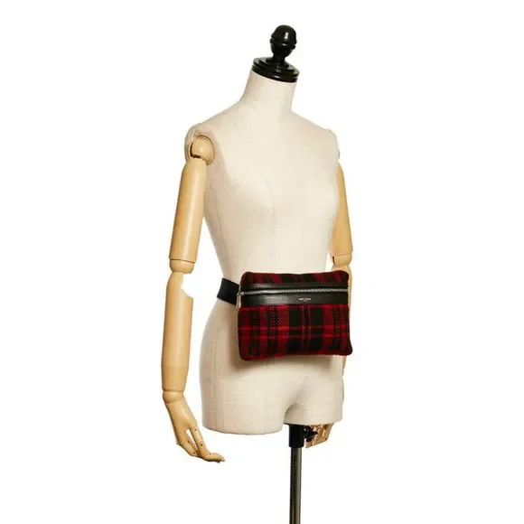 Saint Laurent Tartan Check Waist Bag Body Bag Red Black Wool Leather - Picture 8 of 8